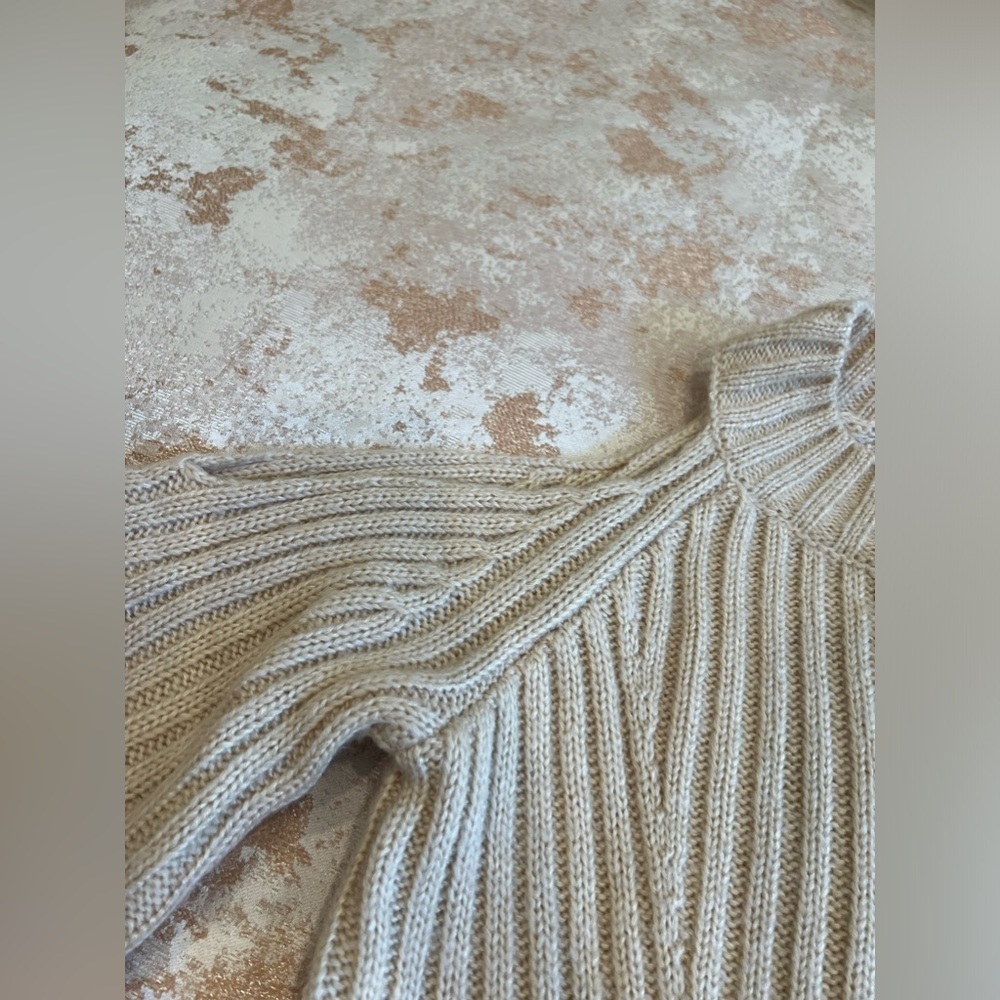 525 BEIGE RIBBED BRAIDED SLEEVE SWEATER WITH SHOULDER CUTOUT SIZE XS - Picture 6 of 11